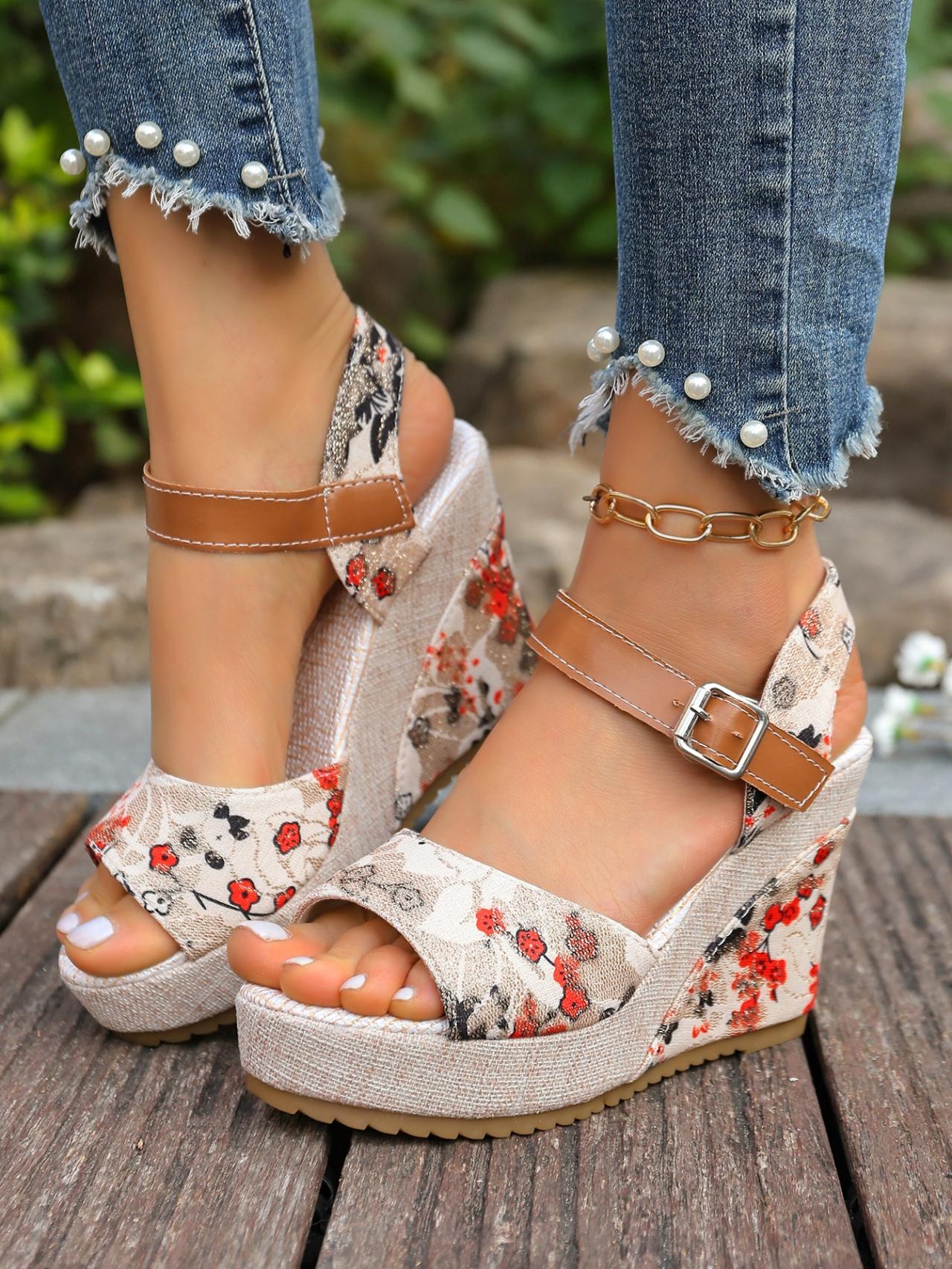 Women's Retro Floral Buckle Wedge Sandals, Summer Platform Chunky Heel Shoes, Ethnic Style Beach Elevated Sandals