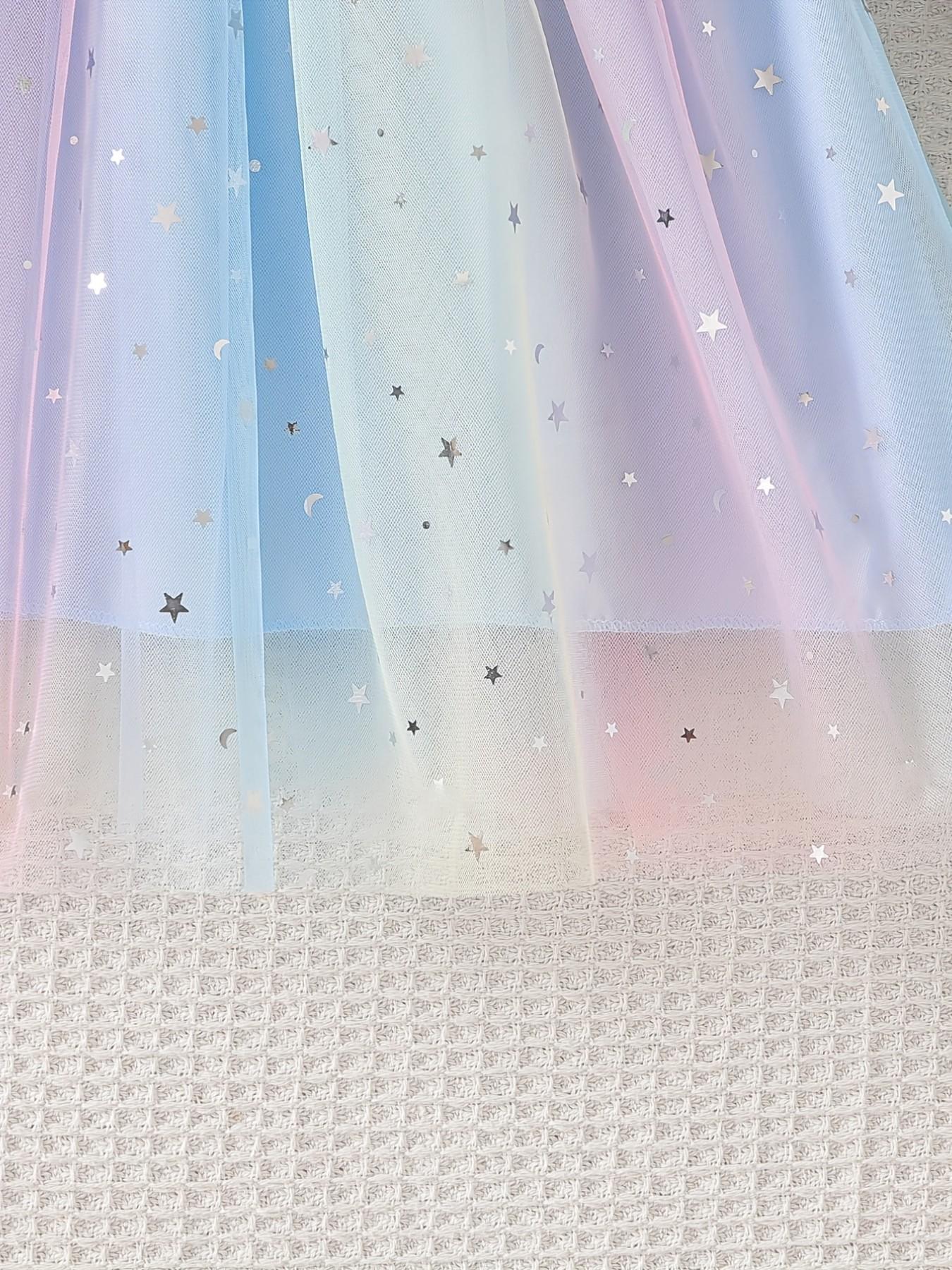 Beautiful Unicorn Print Dress for Girls, Blue Short Sleeve Princess Dress with Silver Color Stars, Casual Fitted Dress for All Seasons