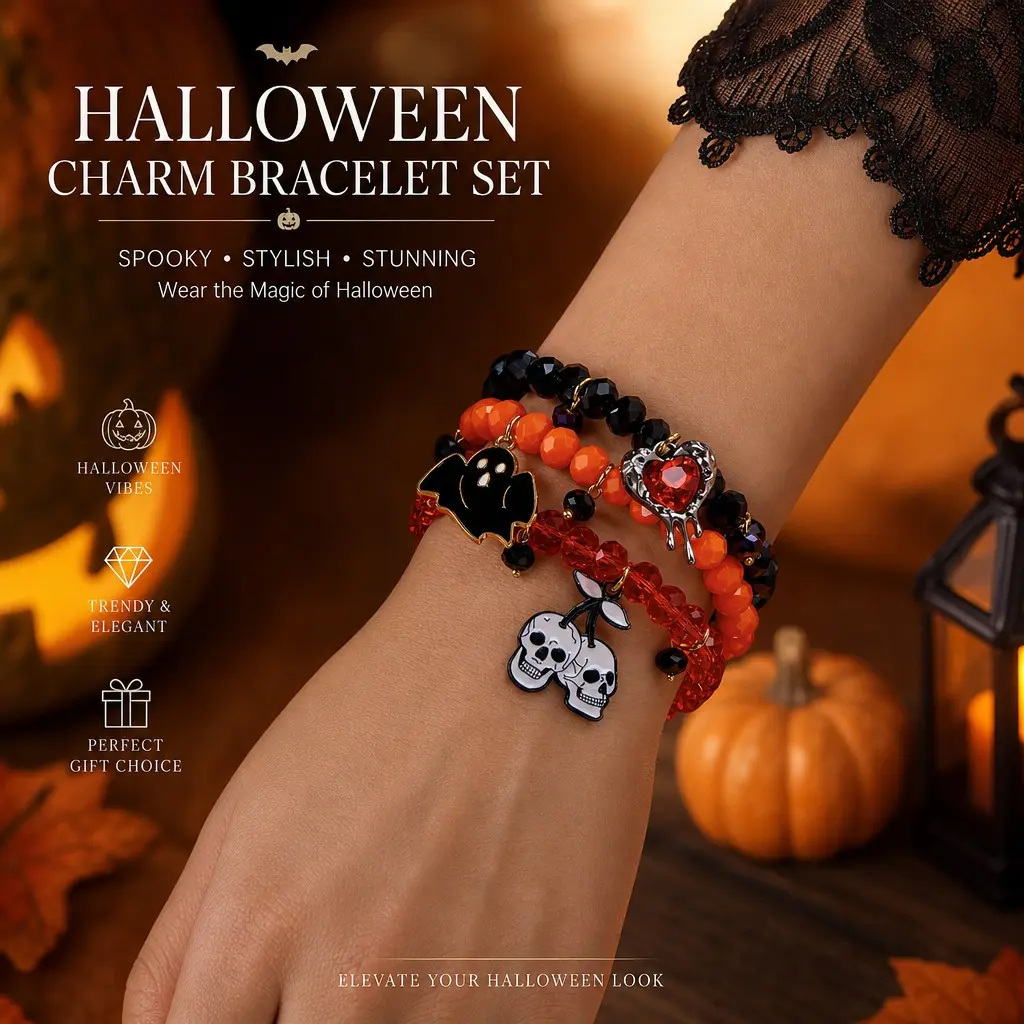 Halloween Theme Party Cool Retro Pumpkin Bead Bracelet Set, Soft Clay Material, Elegant Fashion Jewelry Gift for Women, Perfect for All Seasons