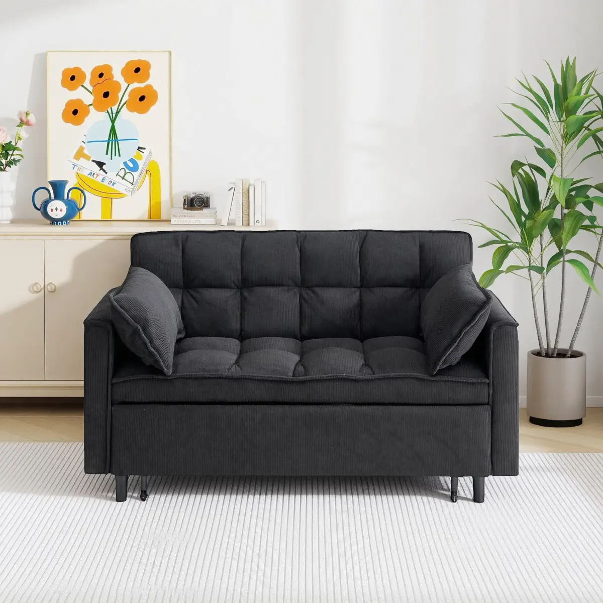 54.30" Corduroy Modular Sectional Sleeper Sofa, Loveseat with Pull Out Bed for Living Room Black Couch