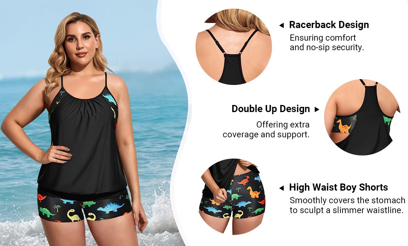 Holipick Women Plus Size Two Piece Tankini Set Swimsuits Tummy Control Bathing Suits Push Up Tankini Top with Boy Shorts