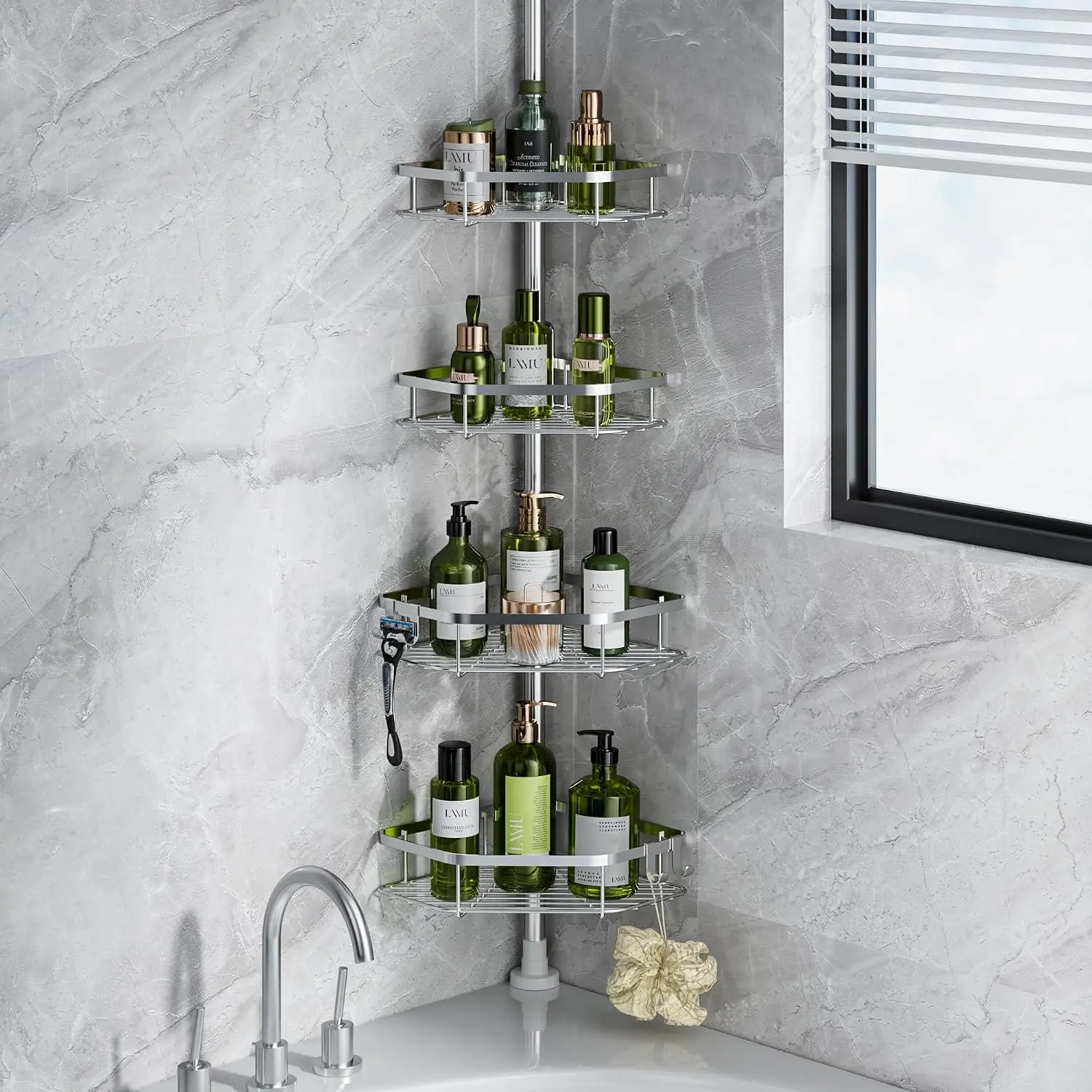 4-Tier Stainless Steel Corner Shower Caddy Tension Pole Organizer Shelf, No-Drilling Shower Corner Storage Rack with Grid Base, Fits 38-124" Heights, Strong Spring Tension, Holds Up to 26lbs, for Bathroom Bathtubs