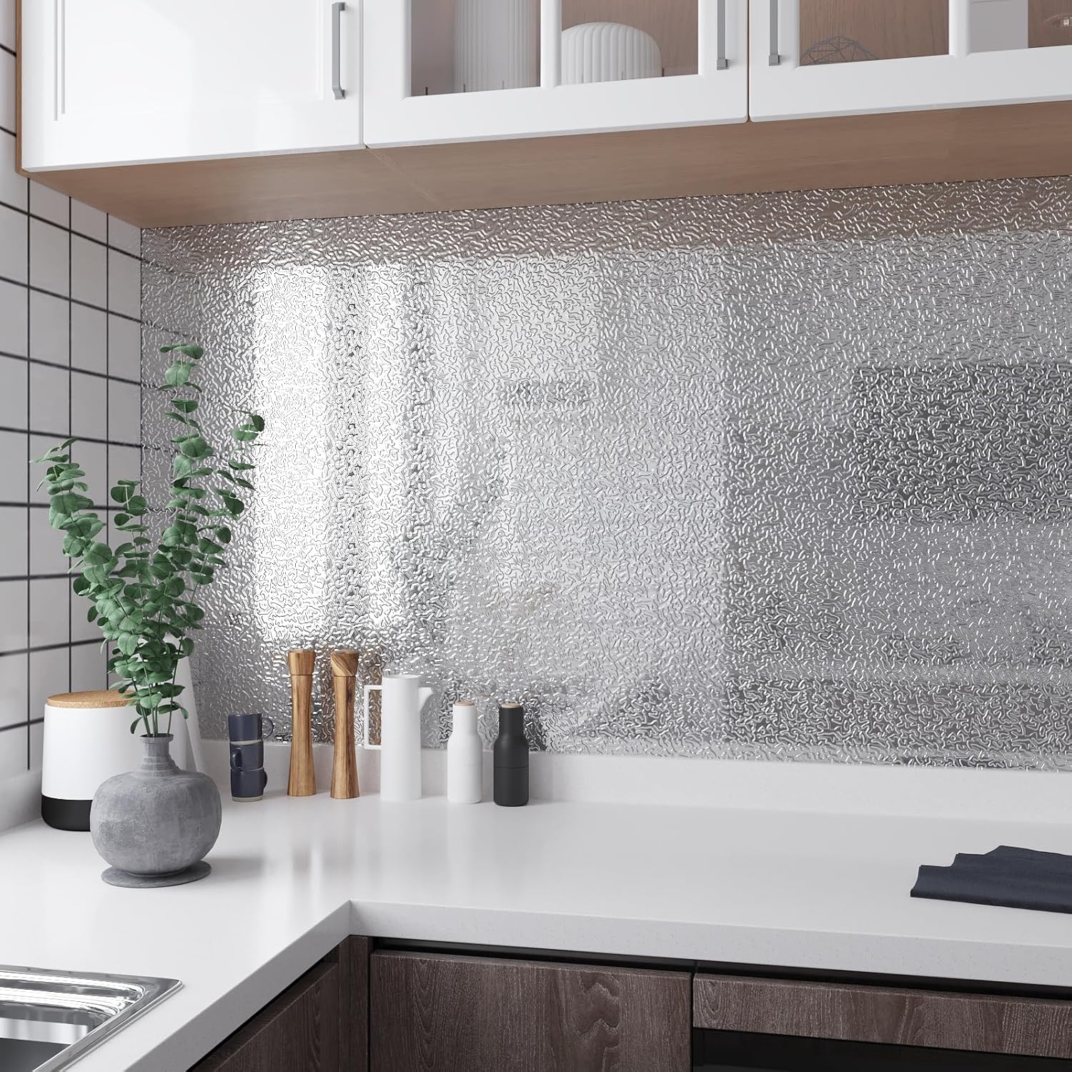 Marble Pattern Kitchen Backsplash, Peel & Stick Aluminum Foil Contact Paper, Oil-Proof Heat Resistant Wall Sticker, Marble Backsplash Wallpaper