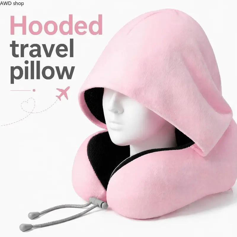 Hooded U-Shaped Memory Foam Travel Neck Pillow, Light Blocking Hood with Adjustable Drawstring, Washable Cover Portable Sleep Cushion, Ergonomic Neck Support Accessory for Airplane, Car, Office & Road Trips, Great Traveler Gift
