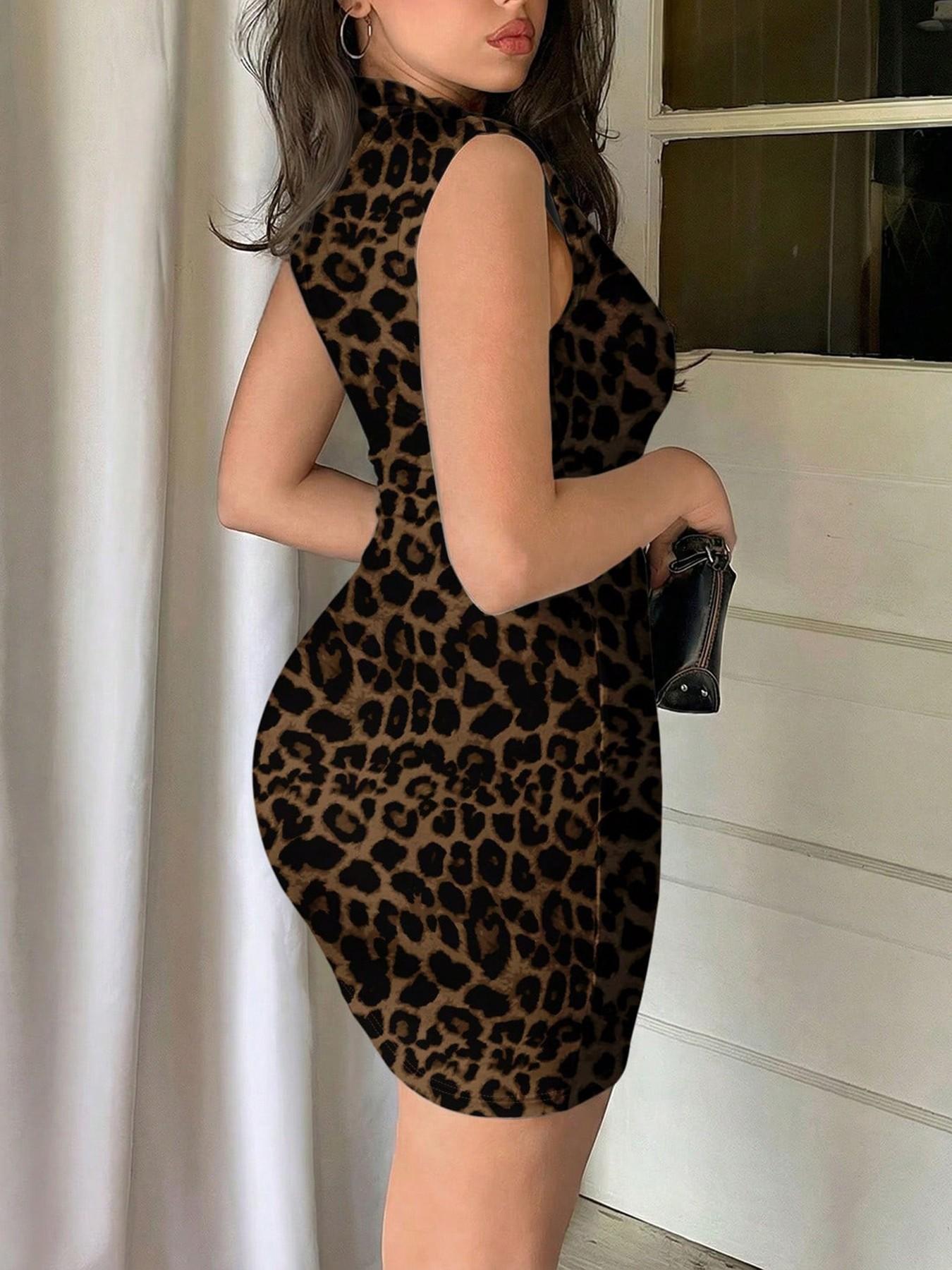 Elegant Leopard Print Bodycon Cut Short Dress for Women, High Neck Sleeveless Waist Cinch Design, Stylish and Chic Choice