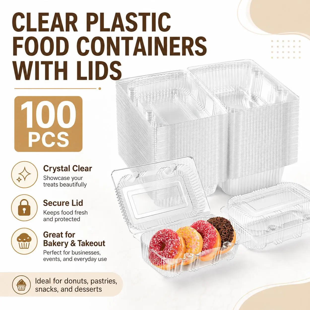100pcs Clear Plastic Food Containers with Lids, Disposable Clamshell Takeout Boxes with Secure Locking Closure, Transparent Bakery Packaging for Cakes, Donuts, Sandwiches, Salads, Fruit, Desserts, Parties, Catering and To-Go Meals Use