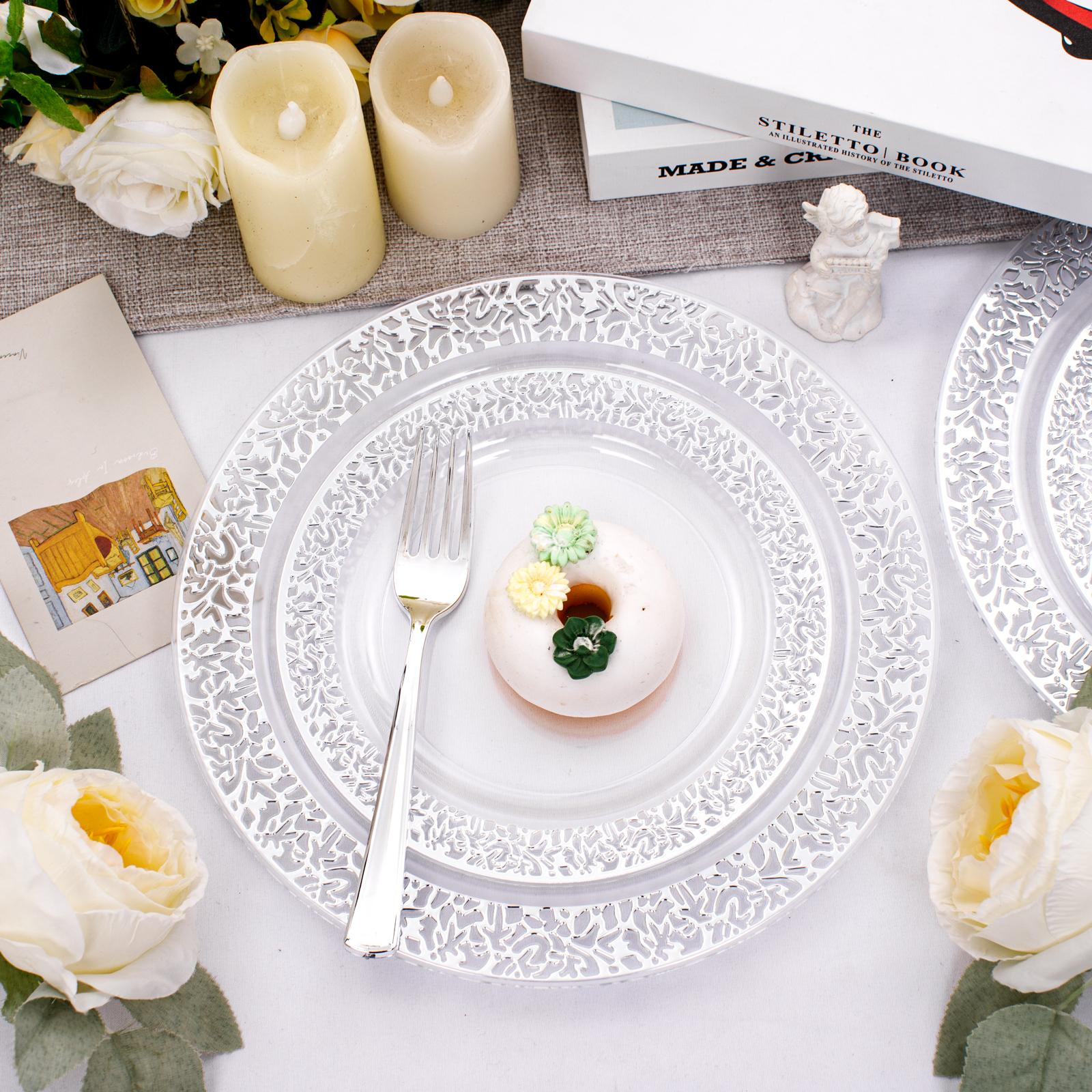 Clear/Gold/Silver/Rose Disposable Plates and Silverware Set: Dinner Plates,Dessert Plates, Cups, Knife, forks, spoons-Perfect for Party