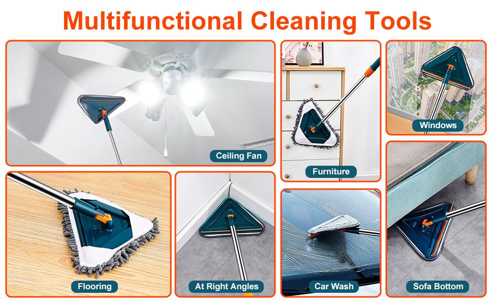 Long Handle Wall Cleaner Adjustable Length Wall Mop 360° Spinning Head Floor Wall Washing Cleaning Tool for Walls Ceiling Fans Floors Baseboards Dust Kitchen General Purpose, 6 Replacement Pads and 1 Silicone Squeegee