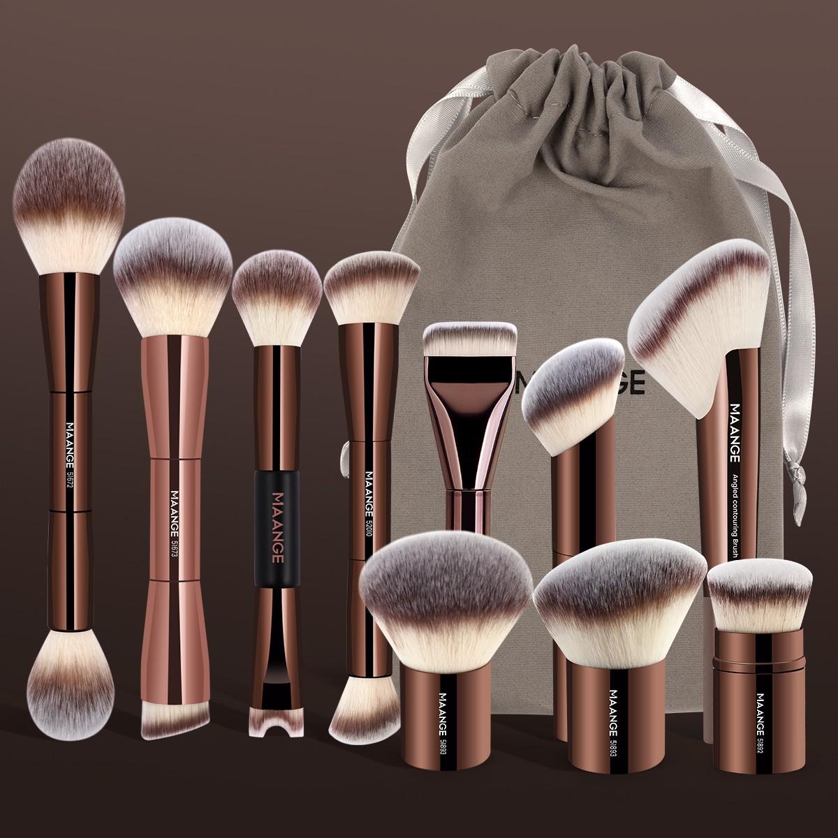 Maange 10-Piece Professional Face Makeup Brush Set with Storage Bag, Ideal for Home, Travel, and Outdoor Use, Essential Makeup Tools