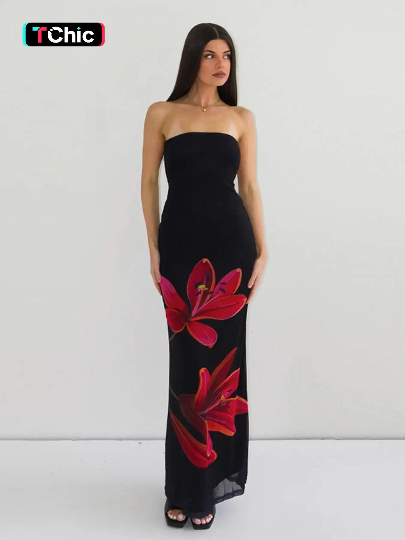 Women's Floral Print Backless Bodycon-Fit Mesh Sleeveless Tube Dress, Elegant Chic Strapless Tie Back Dress for Party Club Dating, Formal Wear, Ladies Summer Clothes