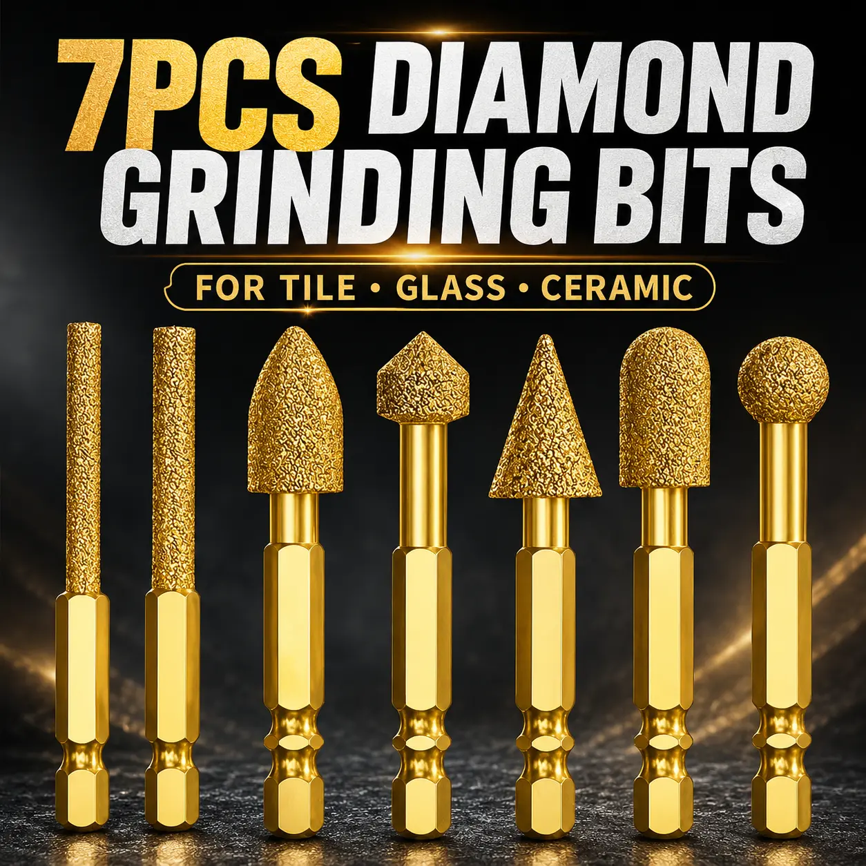 7PCS Diamond Grinding Bit Set with 1/4" Hex Shank - Abrasive Drill Accessories for Glass, Ceramic, Tile, Stone - Edge Grinding, Hole Enlarging, Shaping