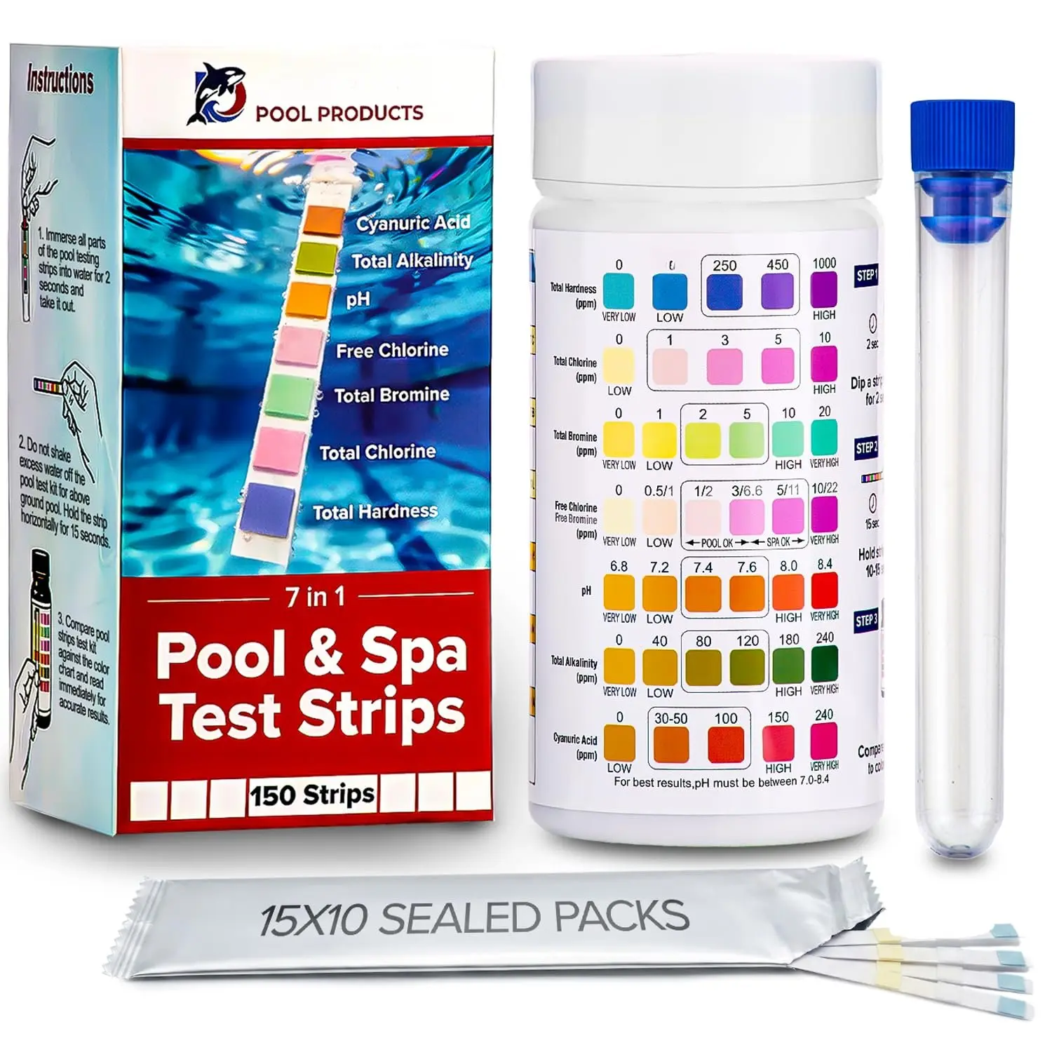 150  Test Strips for Inground  // 7-in-1  Water Test Strips | Full   Test Kit: Chlorine, pH Strips & 5  //  Strips Ideal for Above Ground , Hot Tub &