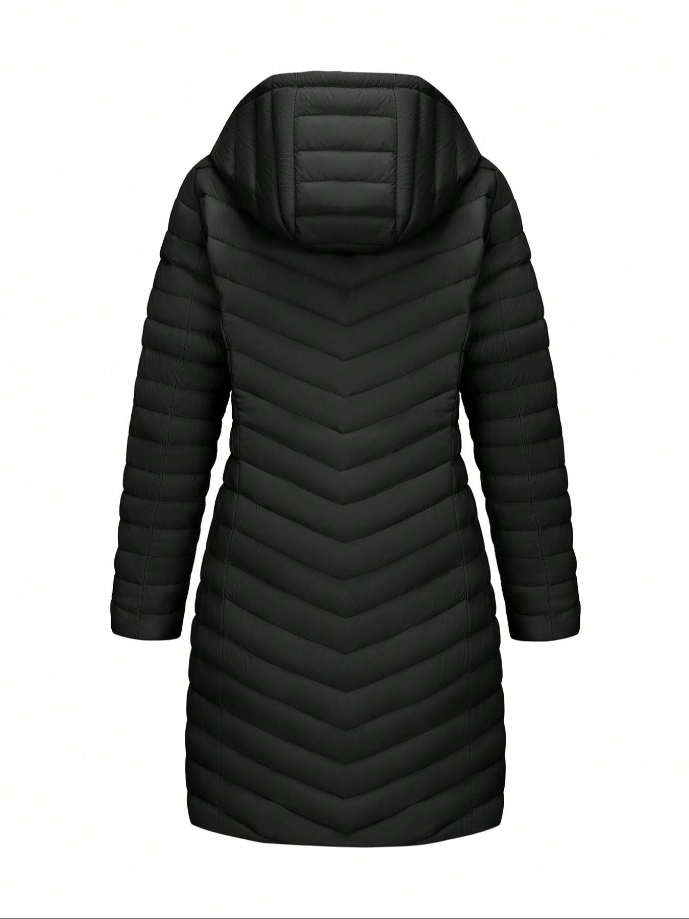 Women's Winter Mid-Length Hooded Casual Cotton Jacket, Simple Style Commuter Lightweight Outerwear for Fall & Winter, Fitted Plain Design