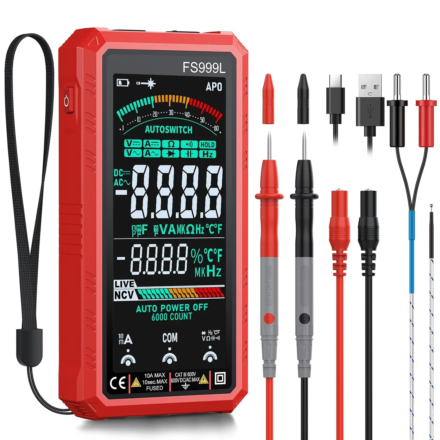 6000 Counts Smart Digital Multimeter USB Rechargeable Color LCD Screen Multi Tester for Voltage Current Resistance Diode Continuity Test