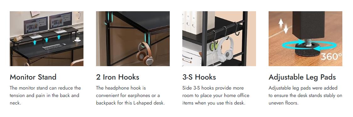 Sikaic 51 Inches Reversible LED Lights L Shaped Gaming Desk With Power Outlets & Fabric File Drawer Monitor Stand And Hooks Computer Modern