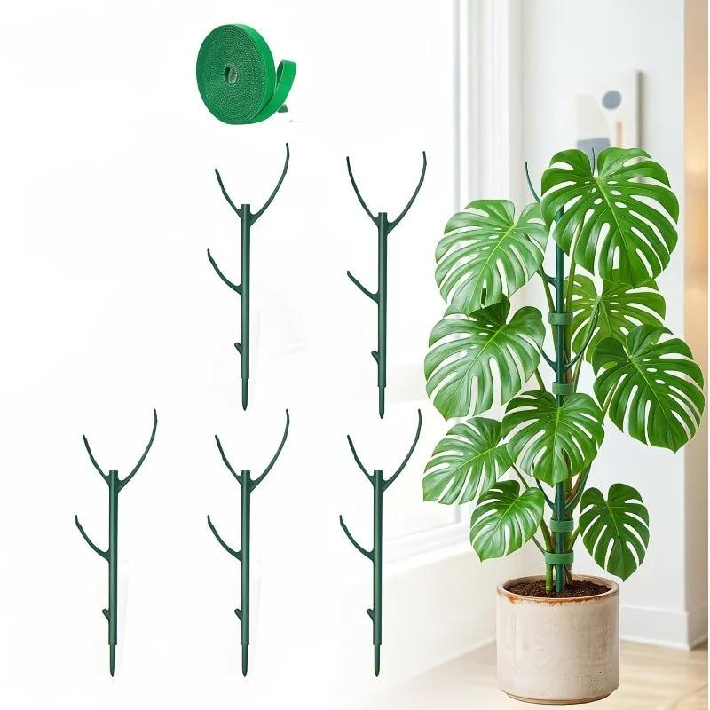 6-Piece Monstera Plant Support Stakes, 5 Sturdy Stands & 1 Magic Tape Roll, Stackable Tall Stakes with Tape Binding, Durable Vine Garden Poles for Outdoor Gardening