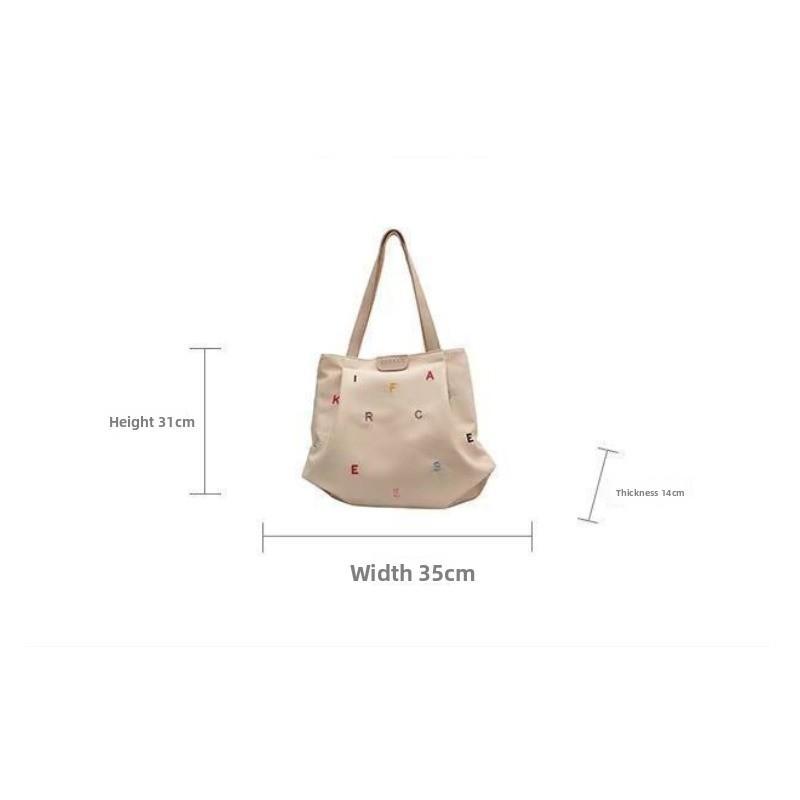 Women's Large Capacity Canvas Tote Bag, Trendy Embroidered Letter Shoulder Bag, Fresh Style Handbag for Students