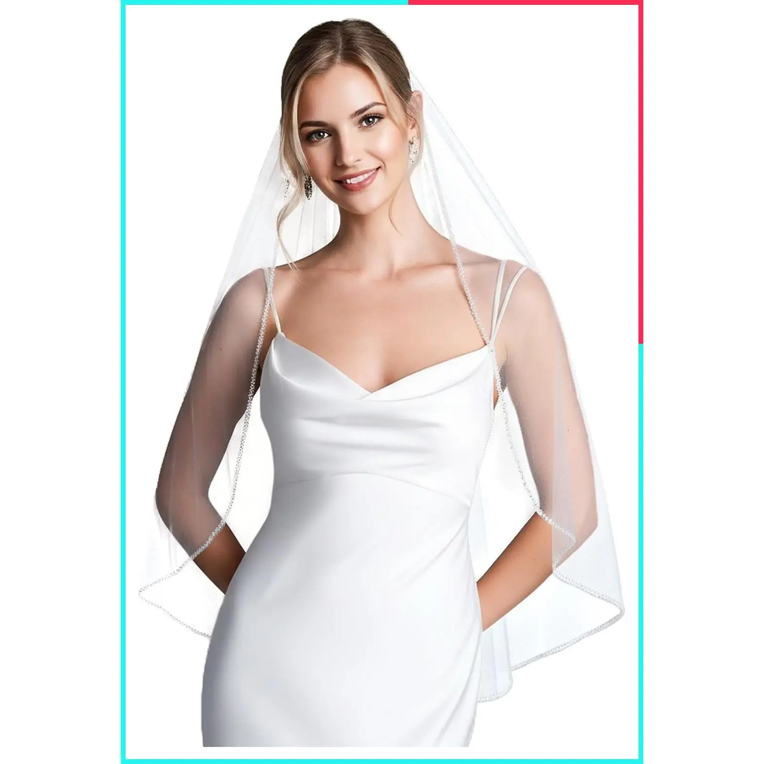 1 Tier Bridal Veil with Crystal Beaded Edge for Bride, Sparkly Wedding Veil in Elbow, Fingertip, or Cathedral Length