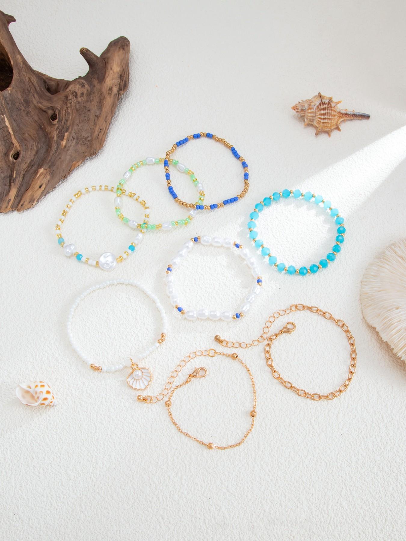 8-Piece Boho Multi-Layer Beaded Bracelet Set, Shell Faux Pearl Blue Block Stackable Wristbands, Spring Summer Beach Vacation Style