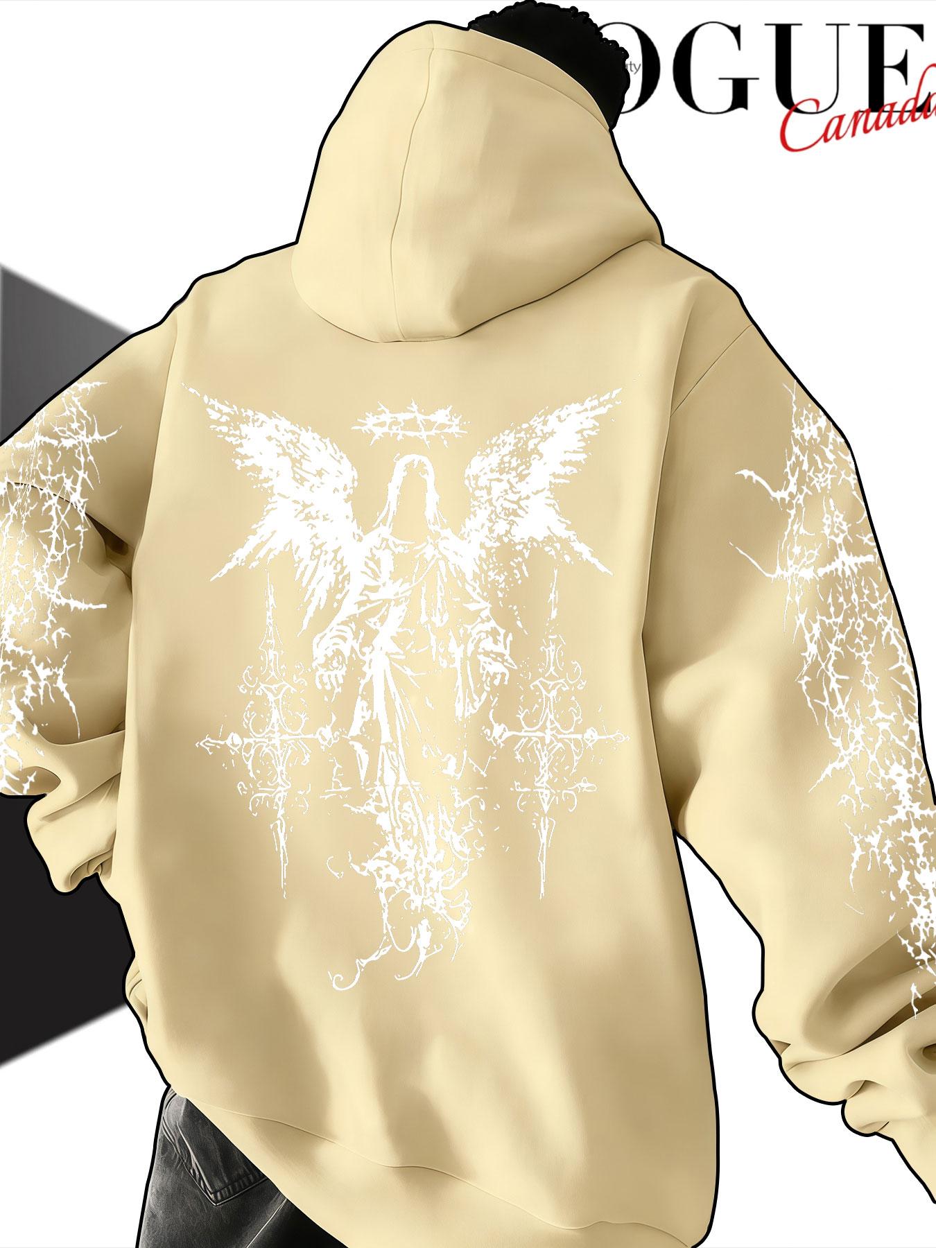 Men's Hooded Sweatshirt Fall Winter, Thorns Angel Cross Print, Gothic Style Loose Fit, Casual Random Pattern, Non-Outer Vest