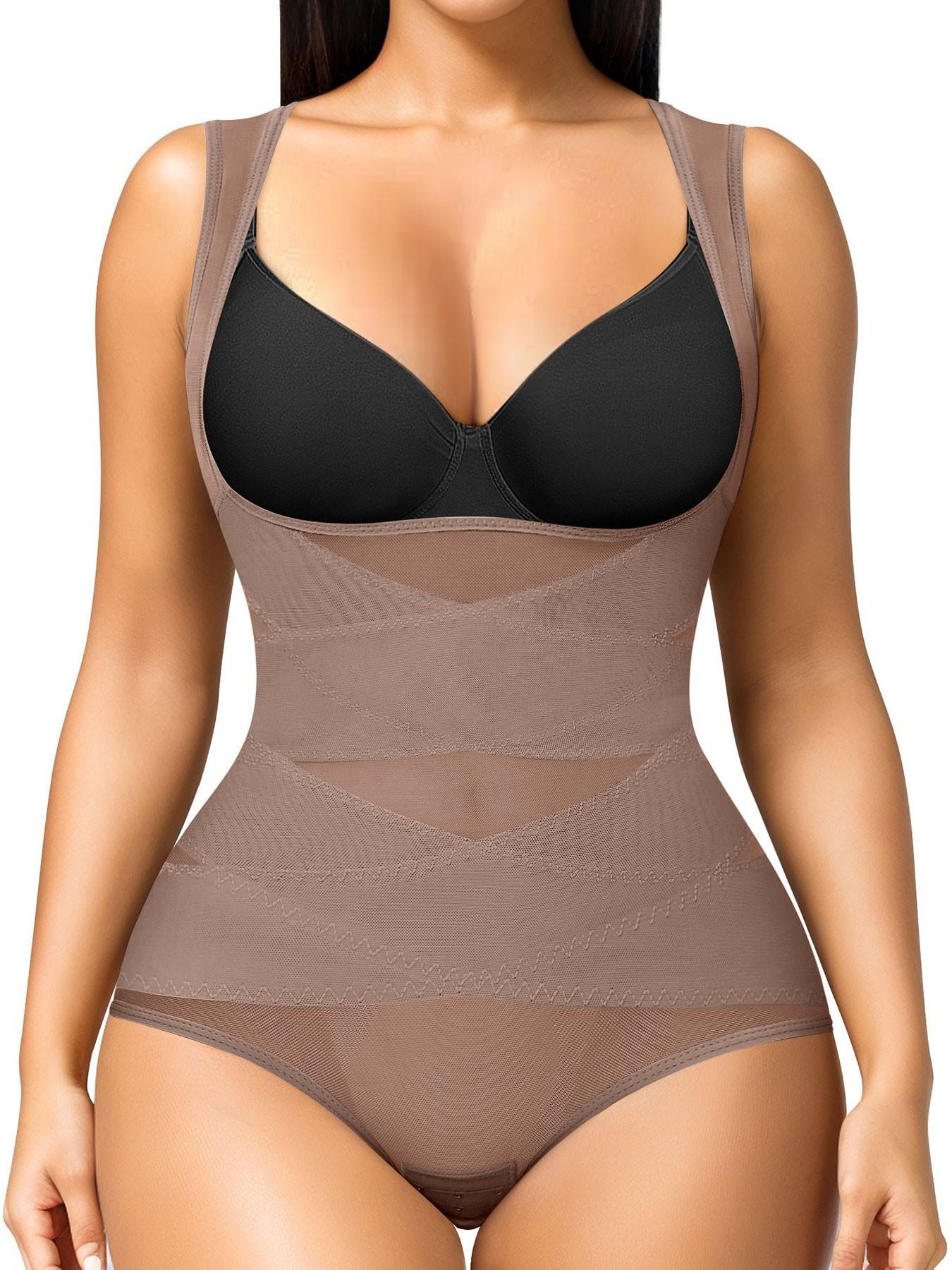 Women's High Elastic Breathable Mesh Cross Waist Shapewear, Lightweight Belly Control Corset, Classic Round Neck Chest Support One-Piece