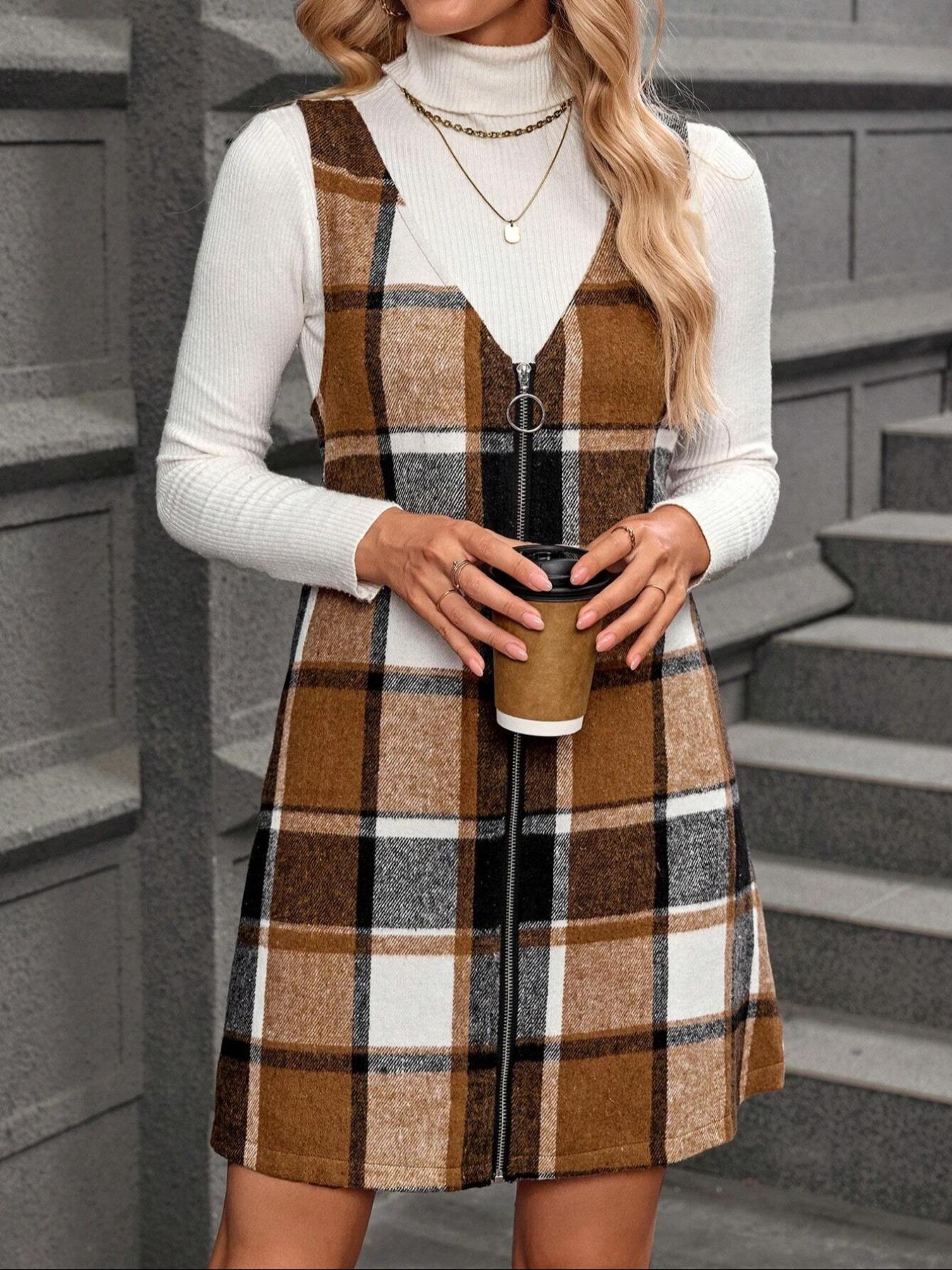 Women's Plaid V-Neck Zipper Sleeveless Dress, Fall Winter Fashion, Casual Style, Perfect for Daily Wear and Special Occasions