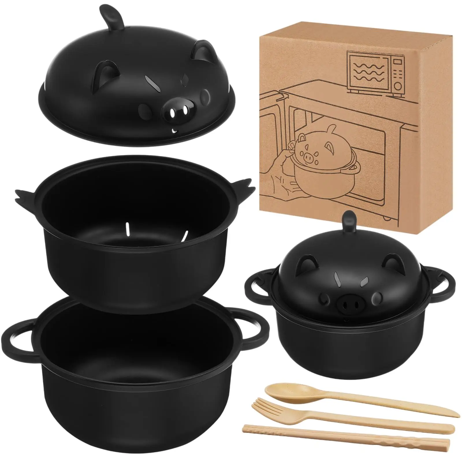 45oz Cute Pig Ramen Bowl Set - Microwavable Kitchen Tableware with Strainer Lid, Handle, Spoon, Chopsticks, Fork - Casual Serving Set Cutlery for Home, Dorm, Ramen Cooking, Microwaveable Convenience