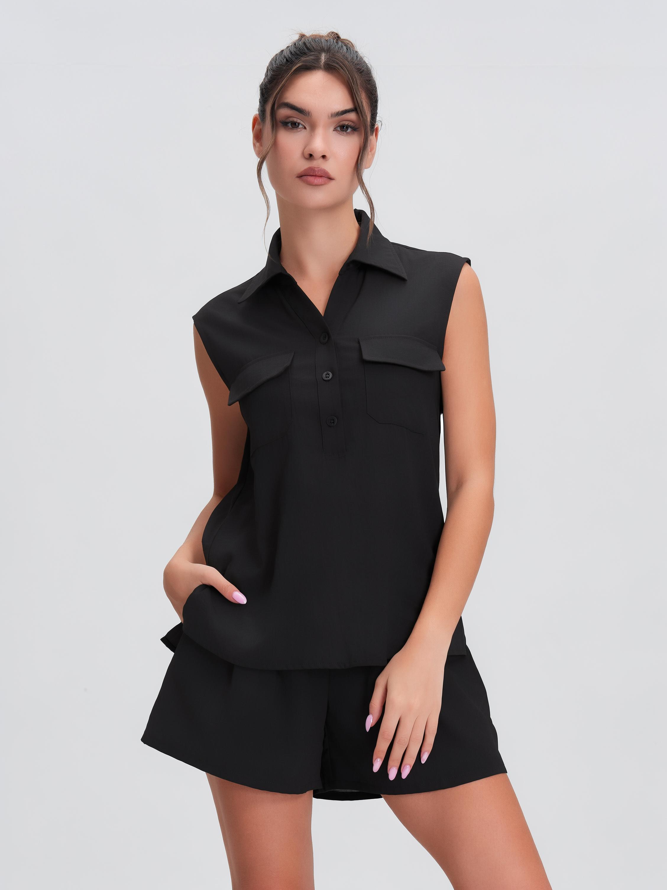 Women's Multifunctional Casual V-Neck Sleeveless Button Top and Shorts Set, Breathable Soft Cotton Two-Piece, Summer Lightweight Quick-Dry Home Wear
