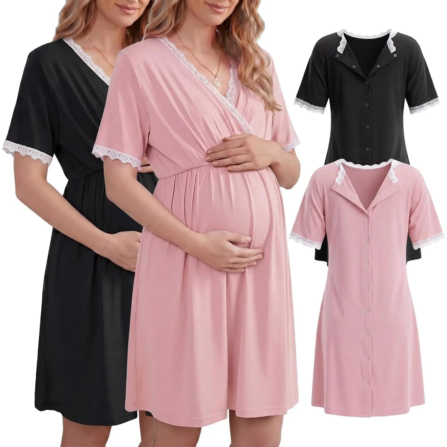 2 Pack Labor and Delivery Gown for Hospital Maternity Nursing Button Back Gown Short Sleeve Breastfeeding Dress