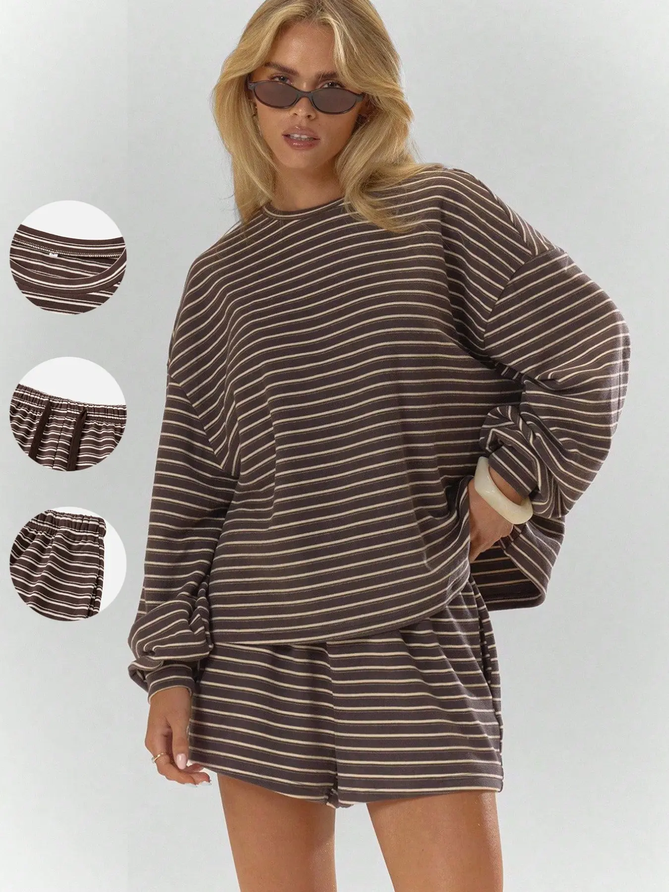 Women's Striped Set, Loose Fit, Long Sleeve Top, Pocket Short Pants, 2-Piece Casual, Soft and Warm, Fall & Winter Wear, Striped Lounge Set