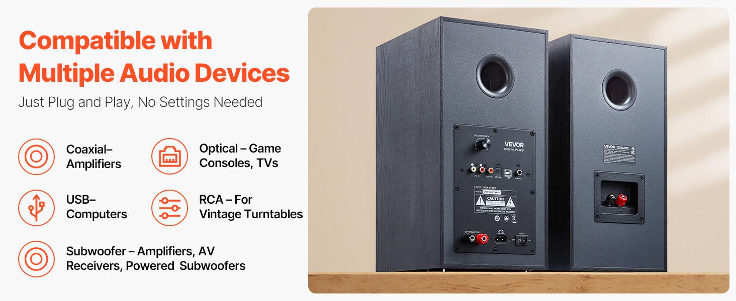 VEVOR Powered Bookshelf Speakers, 25Wx 2, Active Studio Monitor Speaker with 5.5 Inch Woofer, Bluetooth/RCA/Coaxial/Optical/USB/Subwoofer Connection, Wooden Enclosure, for Record Player Turntable PC
