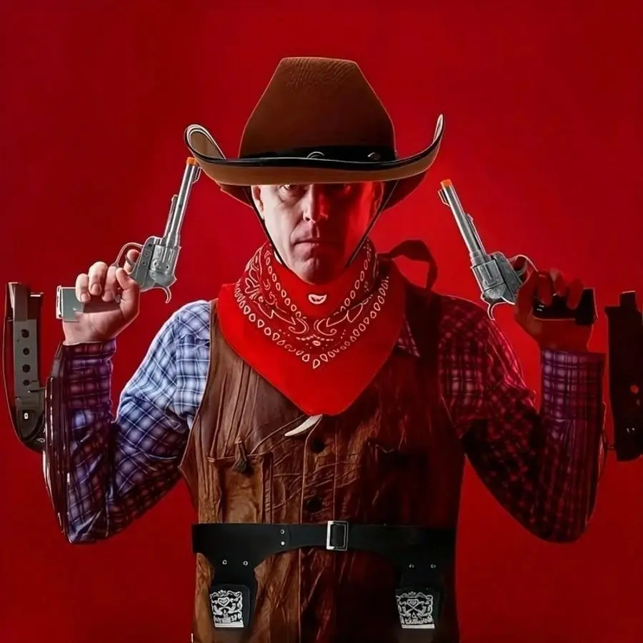 Adult Western Cowboy Costume Set with Revolver and Belt for Parties and Halloween, Includes Cowboy and Accessories for Western Theme Events