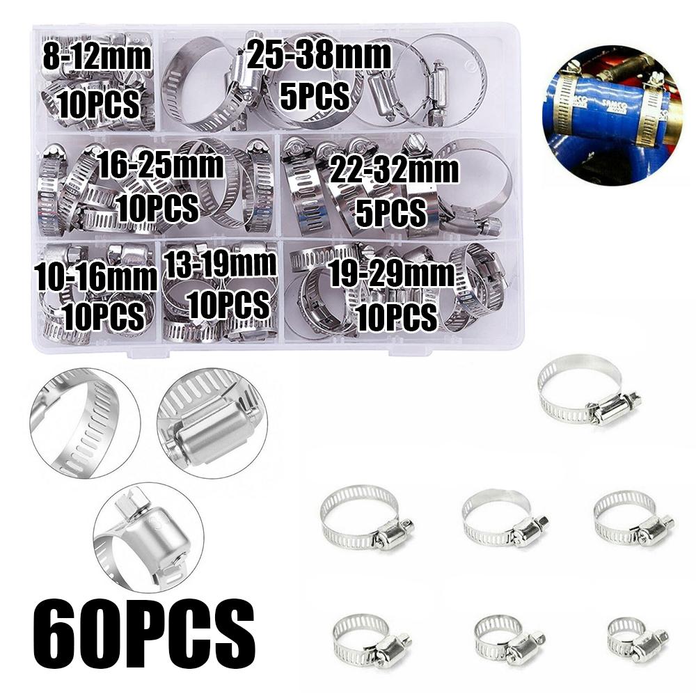 60pcs Stainless Steel American Style Hose Clamps, Clamp Set, No Screwdriver Included, Durable and Reliable Fastening Solution