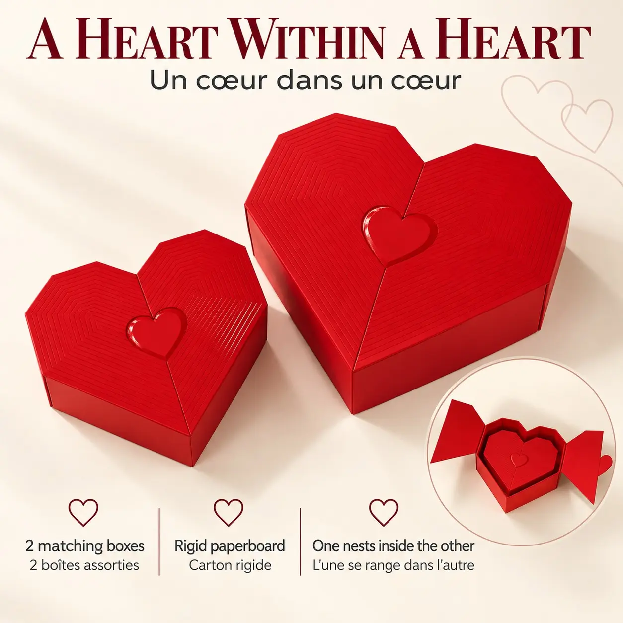 2-Piece Heart-Shaped Gift Box Set, Nested Rigid Paperboard Boxes, Romantic Valentine’s Day Packaging for Jewelry, Chocolate, Flowers & Keepsakes