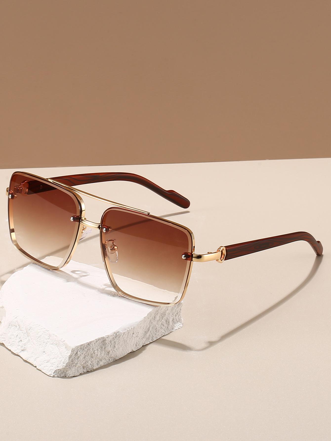 Men's New Full Frame Square Glasses, Retro Dual Bridge Design, Imitation Wood Texture Temples, Metal Frame, Classic Fashion Decorative Eyewear, Square Frames