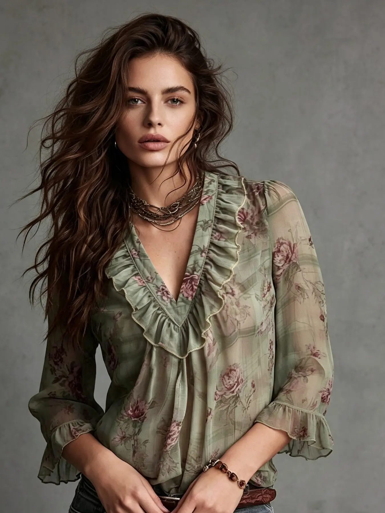 V-Neck Ruffle Floral Chiffon Blouse Women Vintage Green Rose Print Boho Sheer Top 3/4 Sleeve Loose Fit Hide Belly Casual Elegant Office Commute Daily Wear Dating Brunch Travel Dinner Party All Seasons