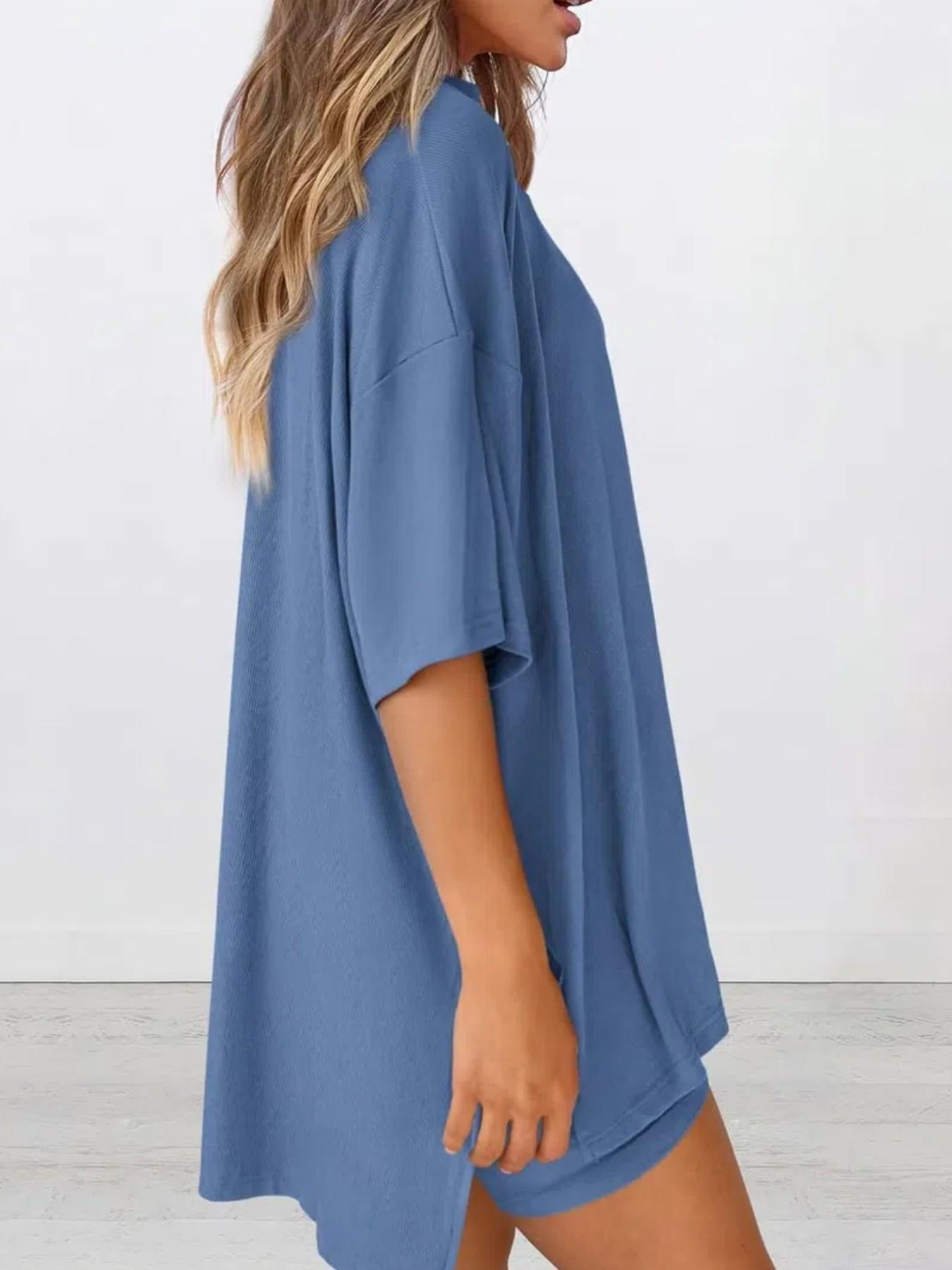 Women's Solid Color T-Shirt and Shorts Matching Set, Basic Minimalist Lightweight Breathable Comfortable Round Neck Summer Loungewear, Home Wear Loungewear, Ladies Loungewear, Women's Casual Sleepwear, Pajamas, Stylish Nightwear, Outfit