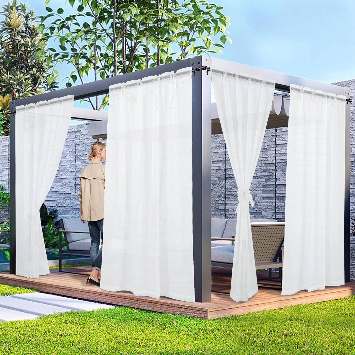 2-Panel White Waterproof Washable Outdoor Sheer Privacy Curtains, 52x84in, for Patio, Gazebo, Balcony