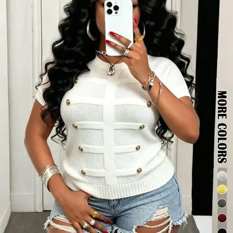 Elegant Plus Size Women's Metal Button Sweater, Everyday Wear Tops Casual Loose Fit Solid Color Round Neck Short Sleeve Daily Wear