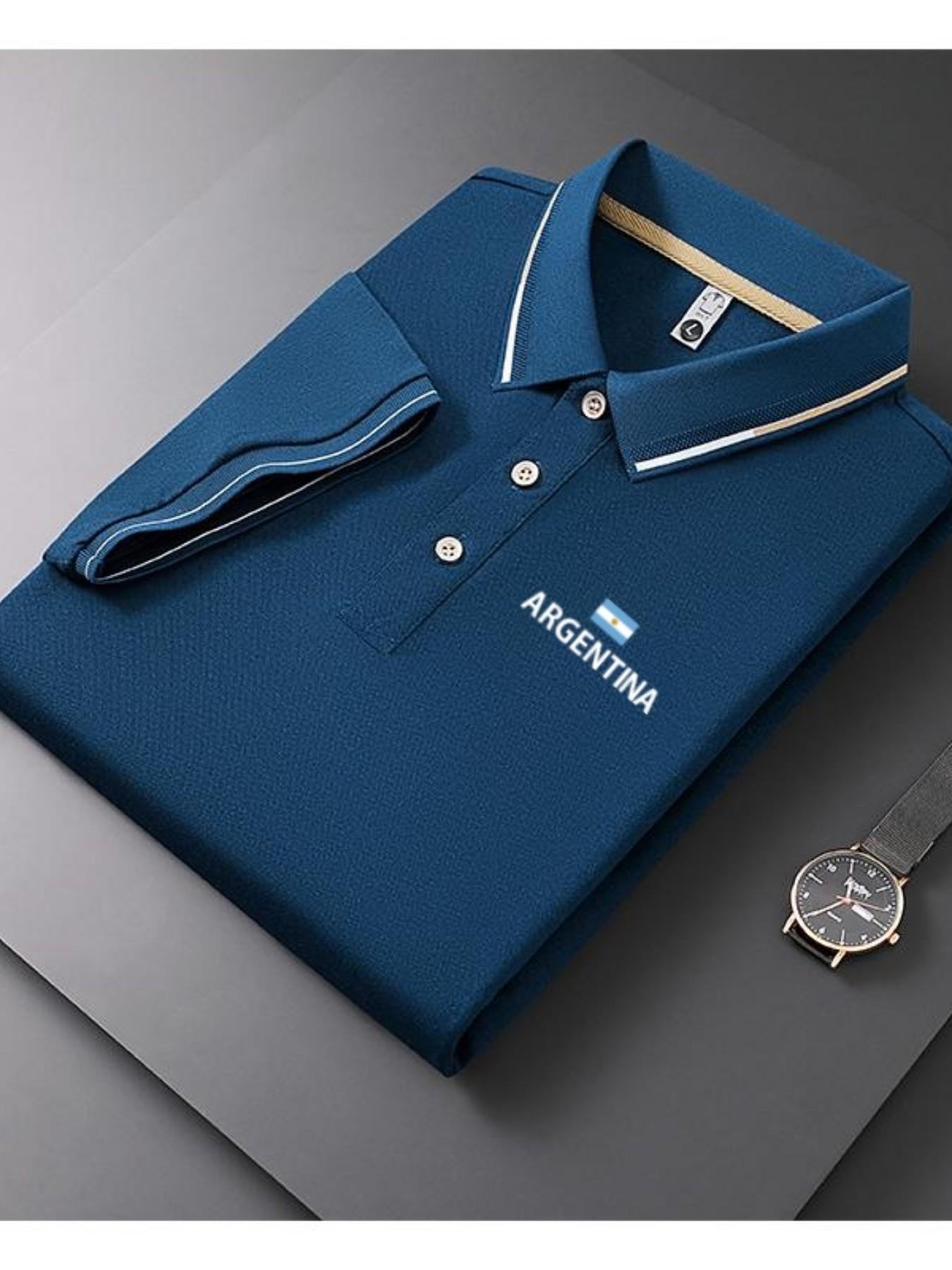 Men's Casual Summer Print T-Shirt, Argentine Flag Design, Geometric Pattern, Lightweight Breathable, Short Sleeve Polo Shirt