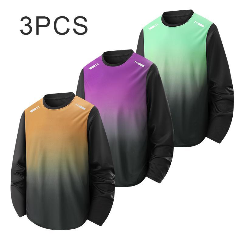 3-pack men’s gradient color quick-dry long-sleeve sports top, lightweight breathable crewneck casual shirt, men’s training base layer, loose, sweat-wicking, comfortable pullover, suitable for daily commuting, running, fitness, and cycling