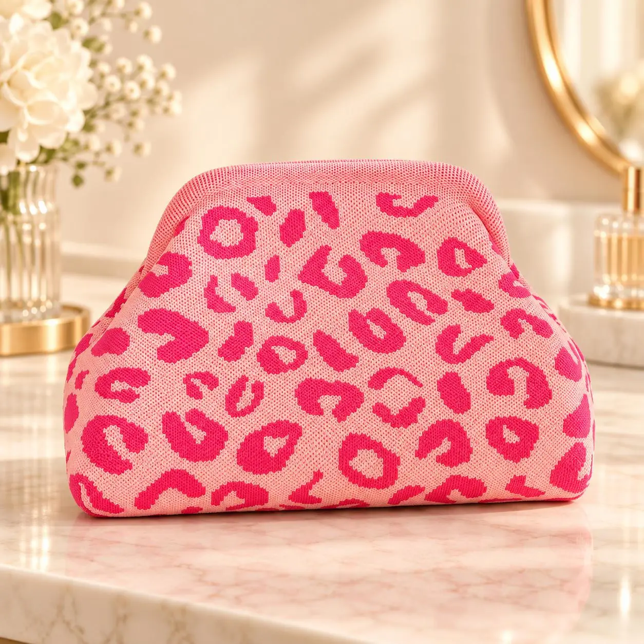 Pink Leopard Makeup Bag for Women, Cute Cosmetic Bag with Wide Mouth Clasp Frame, Large Capacity Beauty Organizer Pouch for Makeup, Skincare, Toiletries and Travel Essentials, Stylish Portable Makeup Case, Vanity Storage Bag for Daily Use and Trips