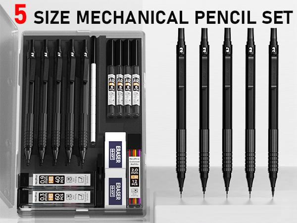 Nicpro 5 Pack Black Art Mechanical Pencil Set, Metal Drafting Pencils 0.3, 0.5, 0.7, 0.9, 2mm Graphite Lead Holder (4B 2B HB 2H Colored) For Writing Sketching Drawing With 9 Lead Refills Eraser Case
