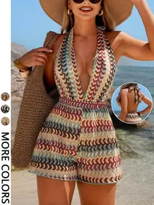 1 Piece Halter Neck Sleeveless Deep V-Neck Geometric Print Romper, Women Multicolor Boho Bohemian Beach Vacation Wear, Fashion
