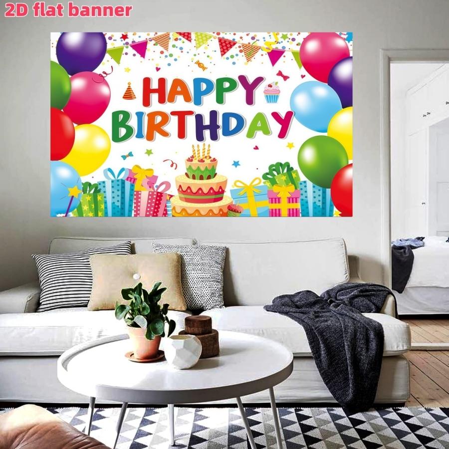 Colorful Birthday Party Backdrop Banner, Polyester Material, Balloon and Cake Elements, Home Decor, Indoor and Outdoor Parties, Photography Background