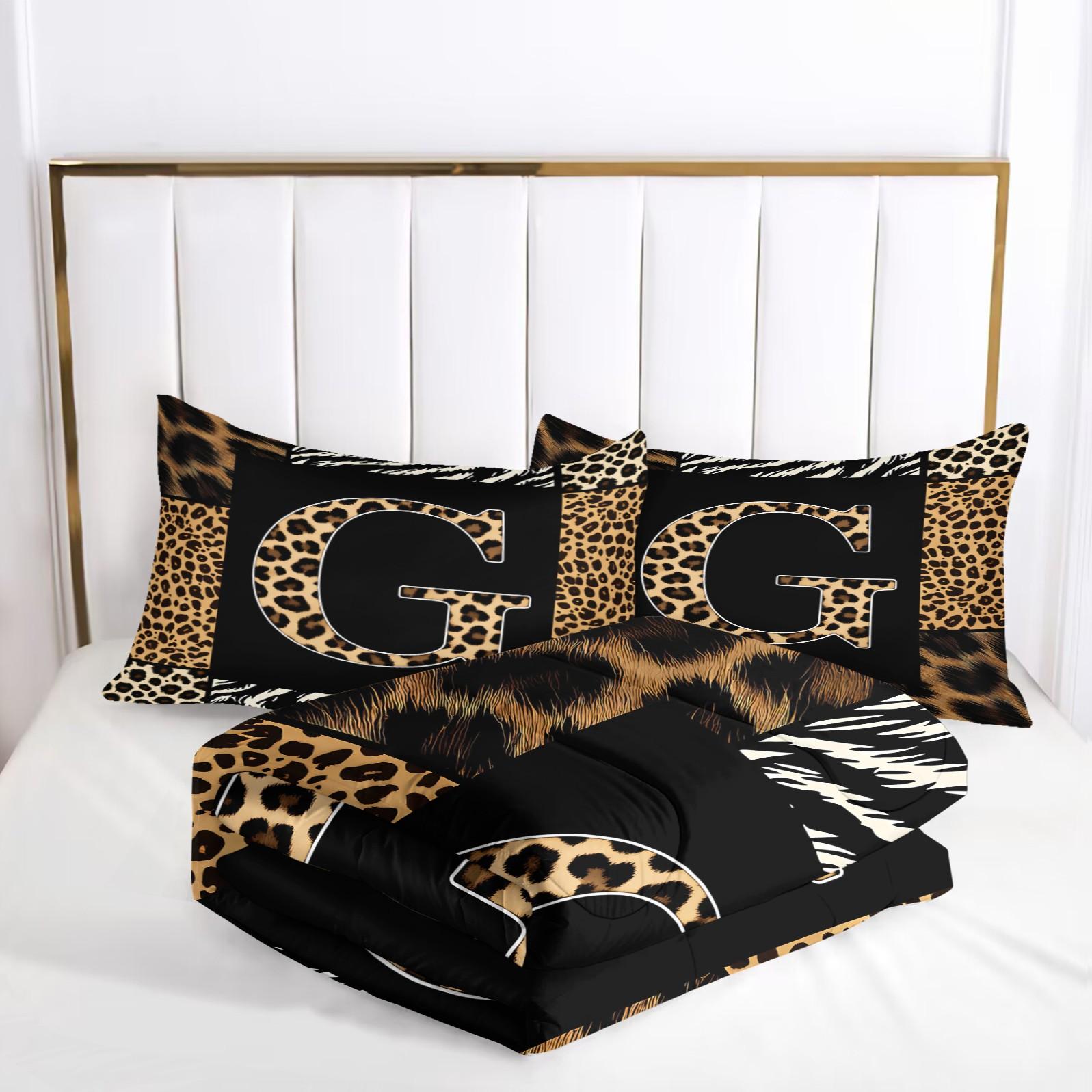 Wild Patchwork First Letter Print Comforter Set & 1-2 Pillowcases No Core, Leopard Print Letters A-Z, Zebra, Hair Texture Collage Pattern, Soft Warm Bedding, Wild Sexy Bedroom Decor, Ideal Gift Choice