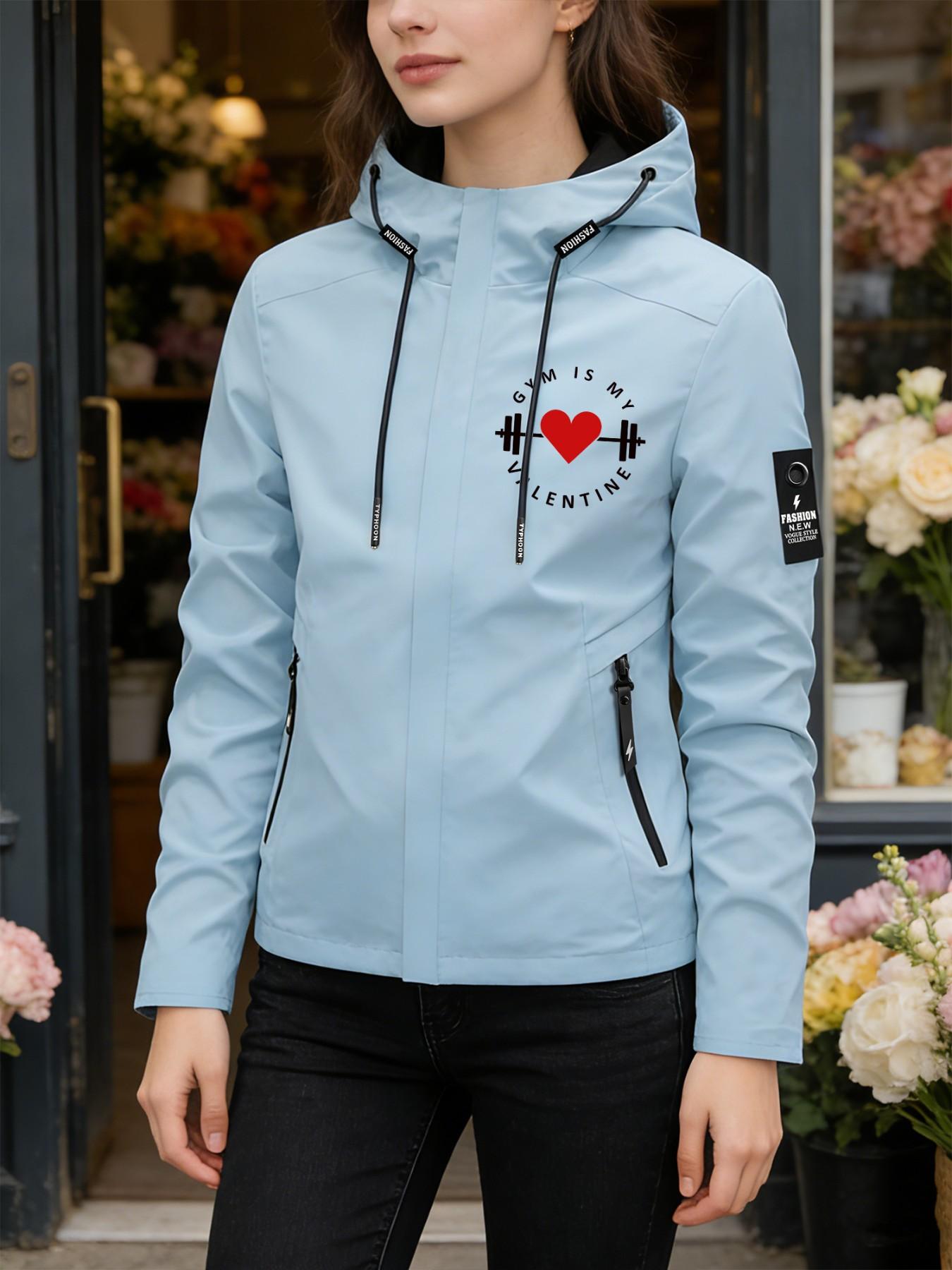 Women's Hooded Windbreaker Jacket Single Sided Gym Heart Letter Print Jacket Multiple Color Options Hooded Loose Fall Winter Warm Jacket For Daily Commute Outdoor Hiking Clothing Skin Friendly Breathable Machine Washable Plus Size