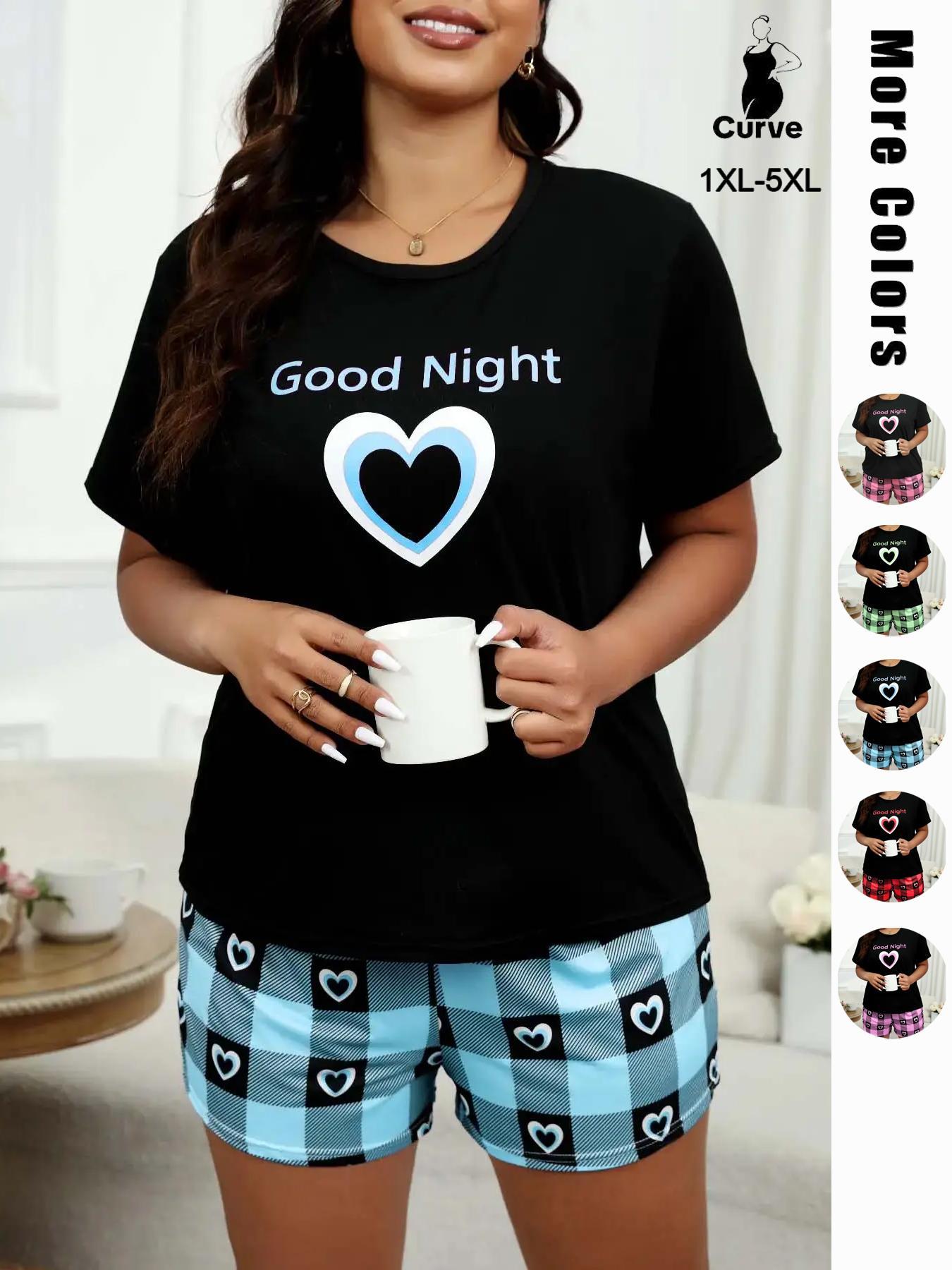 Plus Size Heart & Plaid Print Pajama Set, Casual Round Neck Short Sleeve T-shirt & Shorts Pj Set, Summer Sleepwear & Loungewear, Summer Outfits 2024, Women's Nightwear