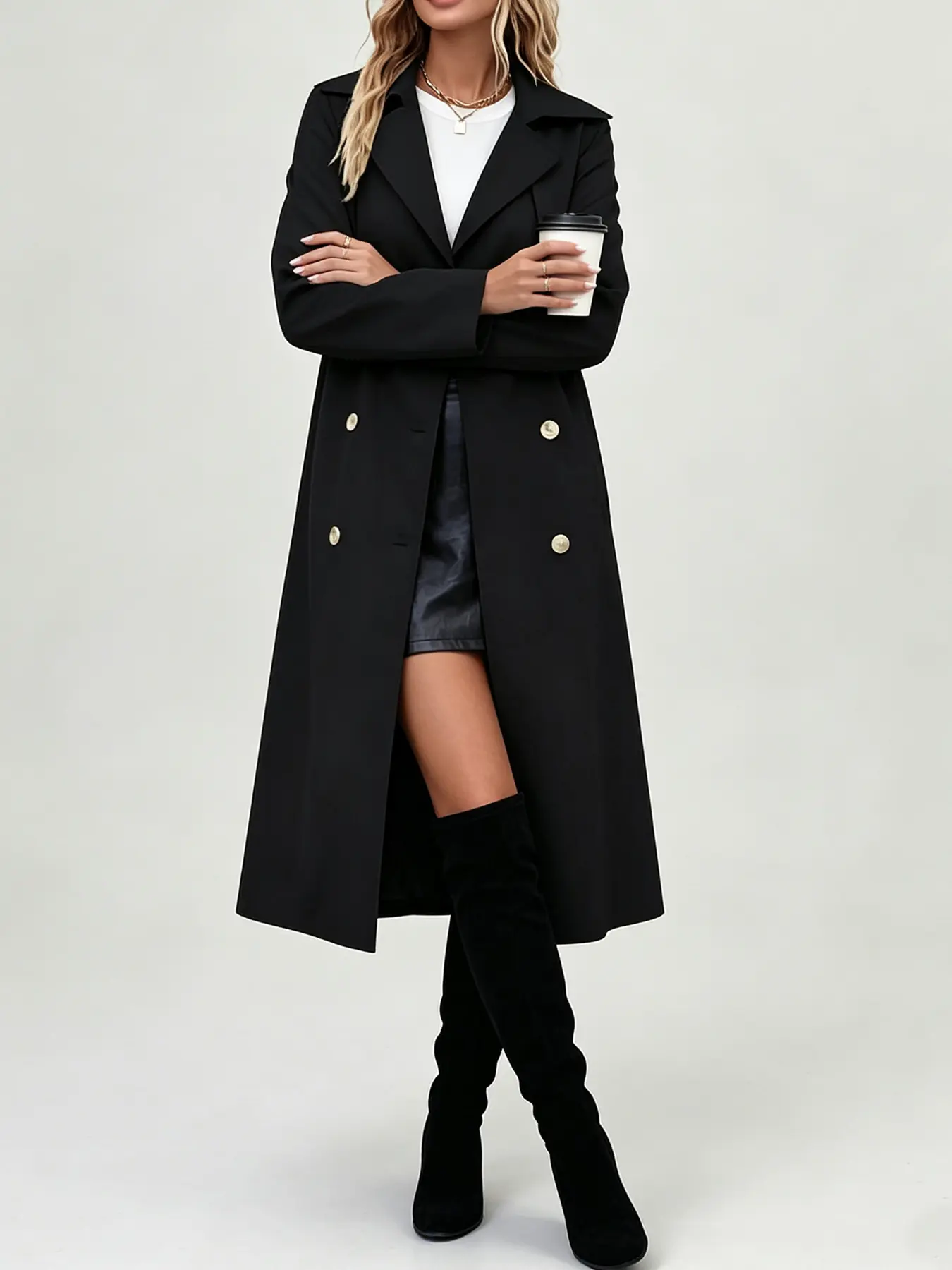 A women's fashionable chic autumn and winter new light luxury commuting style black knee length trench coat, with a lapel and double breasted design, suitable for workplace commuting, urban street photography, banquets, dates, and travel.