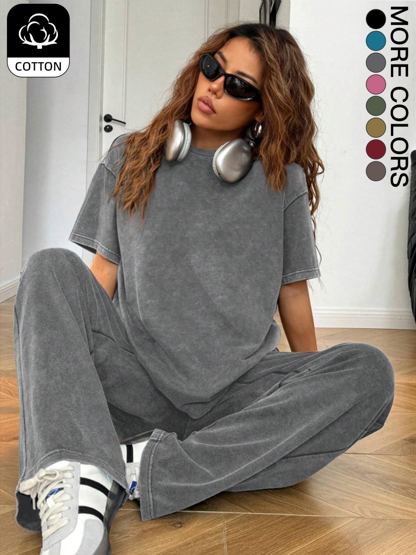 Women's Casual Everyday Acid-Wash Vintage Street-Style Soft Cotton Two-Piece Set, Loose-Fit Round-Neck Short-Sleeve T-Shirt and Wide-Leg Pants